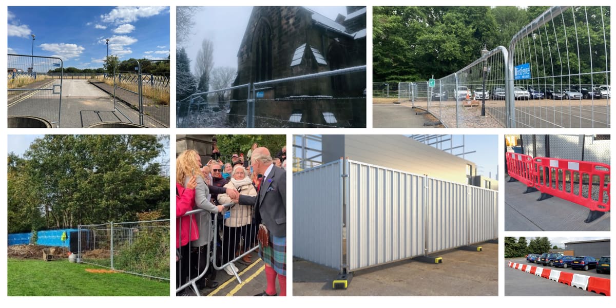 Collage of temporary fencing. Some is protecting work sites, some used for crowd barriers, and some in car parks